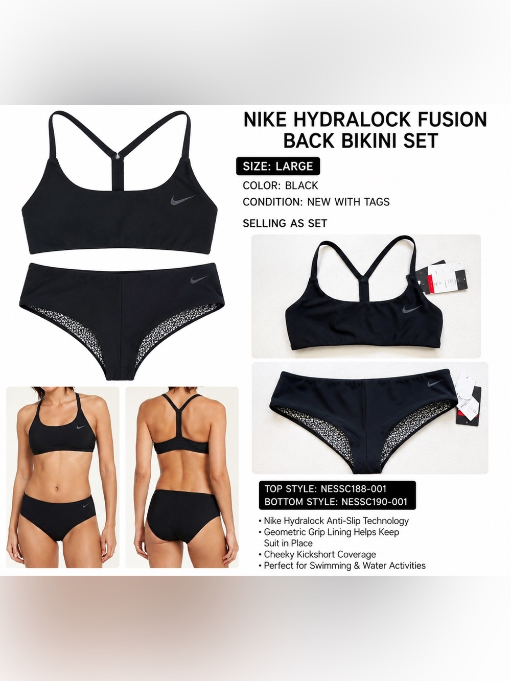 Nike Hydralock Fusion Bikini Set NWT Large Black Swimwear Retail $110